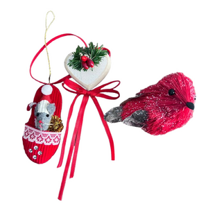 Vintage Red Christmas Ornaments - Mouse, Midwest Import Wooden Heart, Bird